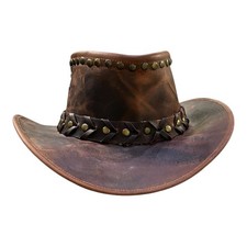 Brown Rustic leather Cowboy Hat Western Rodeo Style Victorian Wide Brim Hat