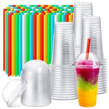 Lallisa 100 Sets Clear Plastic Cups with Dome Lids and Colorful Straws, Dispo...