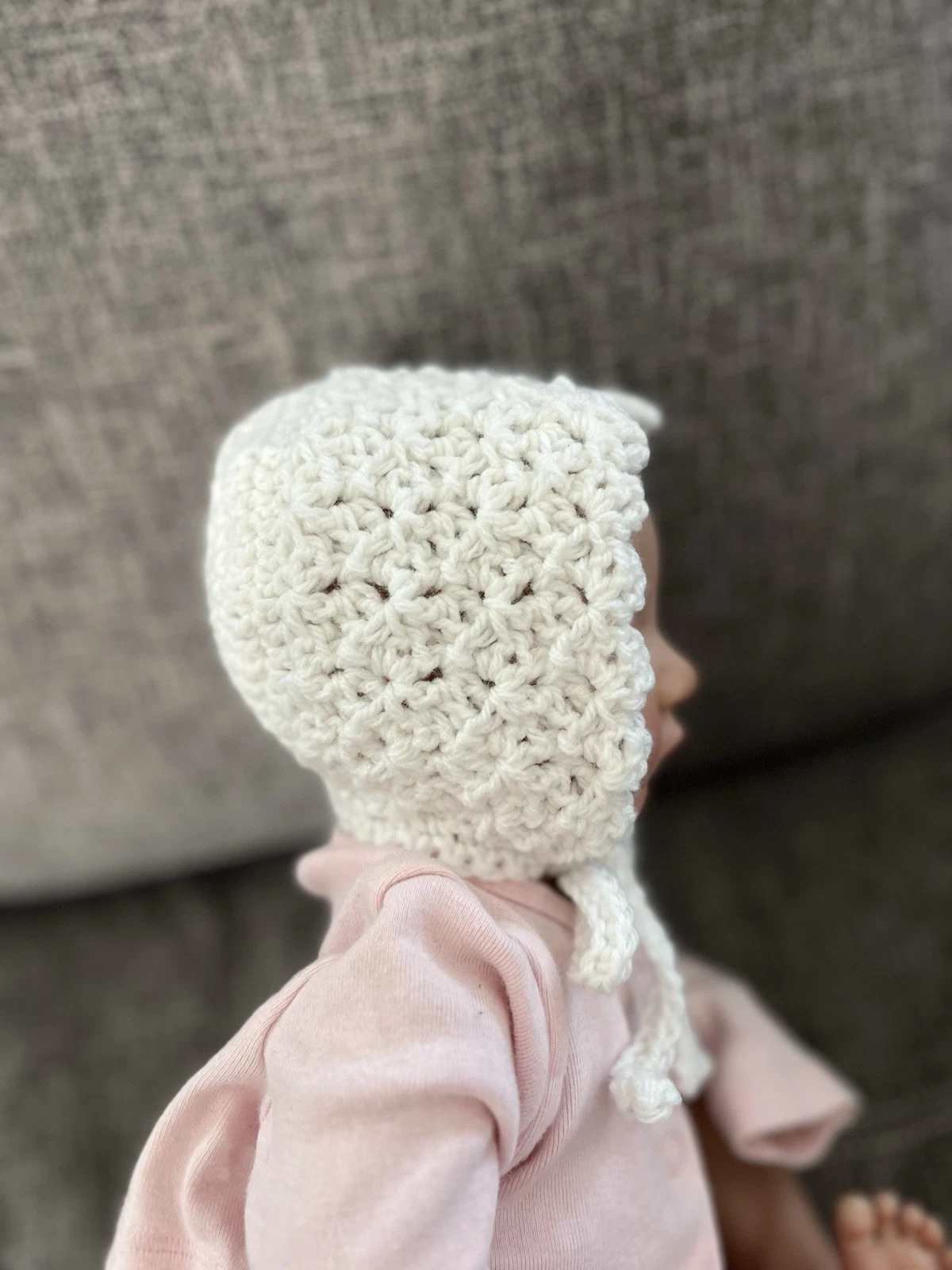Handmade Crochet Neutral White Baby Girl Lace Bonnet Size Newborn-3mo