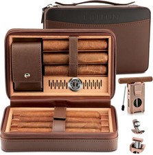 Cigar Humidor Leather Cedar Wood Travel Cigar Case and Multifunctional 5-in-1.