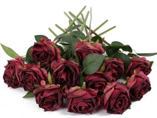 IPOPU Burgundy Roses Artificial Flowers 12PCS Roses Flowers Heads Dried Silk Flo