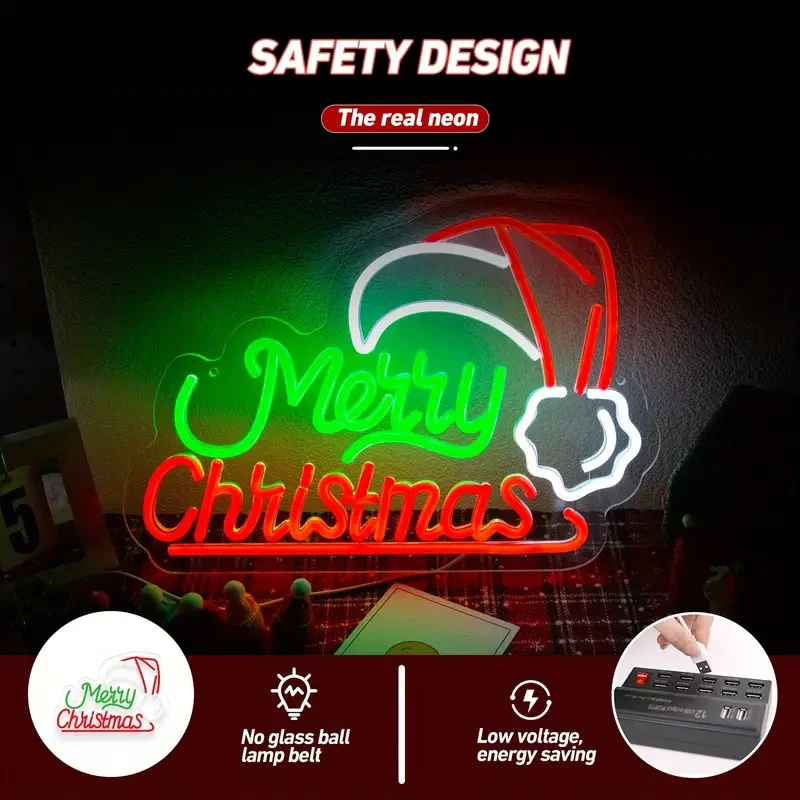 Merry Christmas Neon Sign LED Christmas Hat Neon Light USB Christmas Decor - image 4 of 4