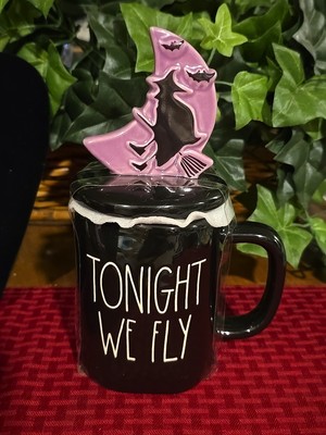 Rae Dunn TONIGHT WE FLY Mug with Witch Topper Lid Halloween Black & Purple NEW