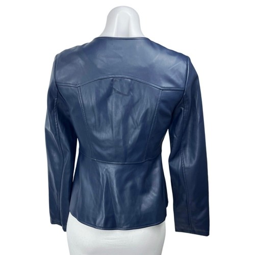NEW Zara Women's Blue Faux Leather Long Sleeve Pockets Zip Moto Coat Jacket XS - Picture 2 of 5