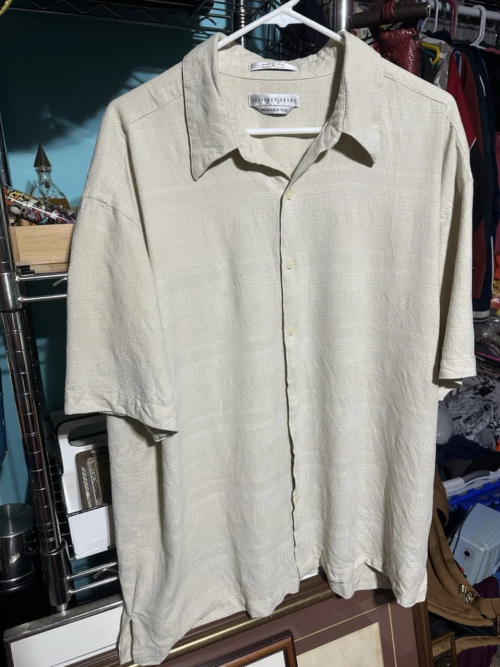 Geoffrey Beene Hombre Manga Corta 100% Seda Lavable Beige Texturizado Abotonable XL Foto 4 de 4