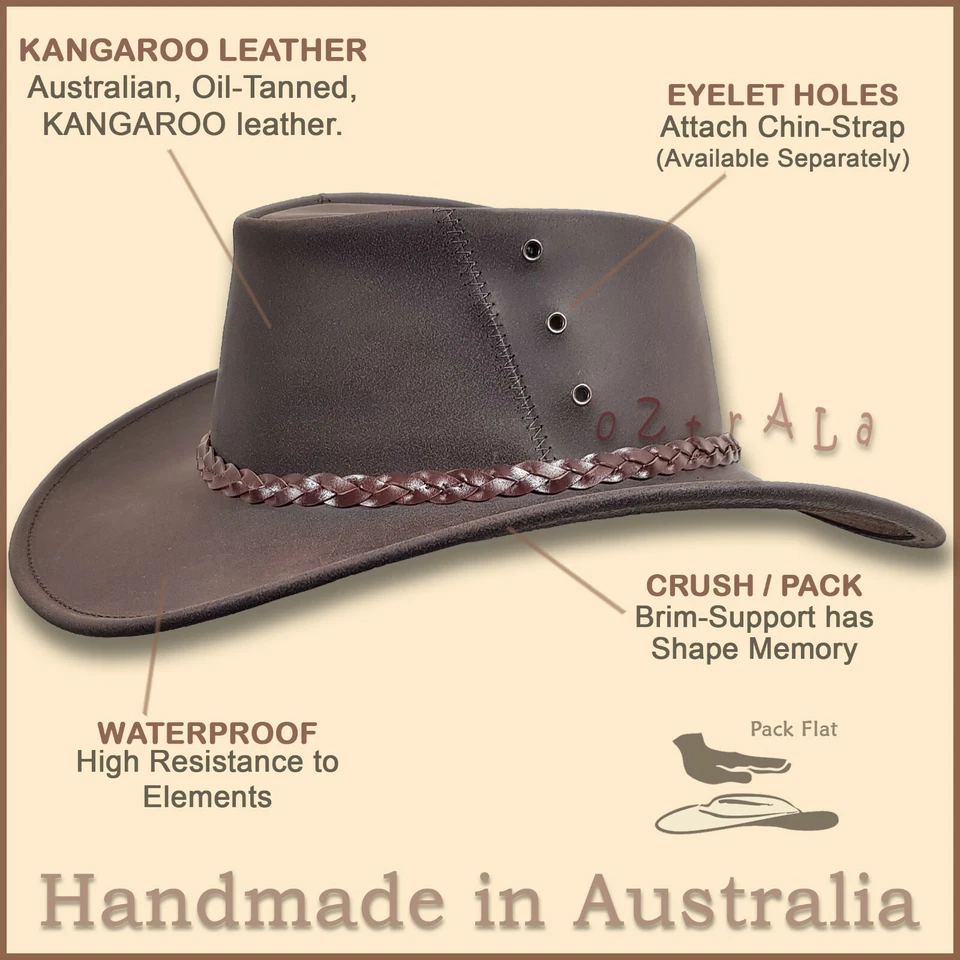 【oZtrALa】 Sombrero de Cuero CANGURO Engrasado Outback para Hombres Negro Jacaru AUSTRALIANO Foto 3 de 4