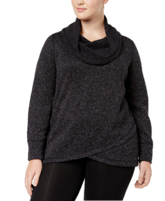 Ideology Women's 1X Plus Size Cowl-Neck Pullover in Noir Marl Retail $34.50
