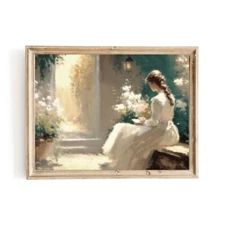 Woman Reading Paper Poster Prints Vintage Oil Painting of Woman in White Dress A