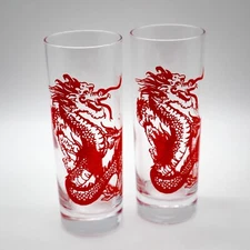 2 Chinese Red Dragon Highball Tom Collins Cocktail Glasses Barware Zombie Tiki