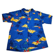 VTG Surfside Sportswear Men's Hawaiian Shirt Waikiki Flowers Ocean Blue Large