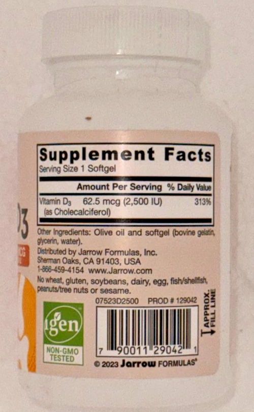 Jarrow FORMULAS Vitamin D3 2500 IU | Supports bone health | 100 SOFTGELS - Image 4 of 4
