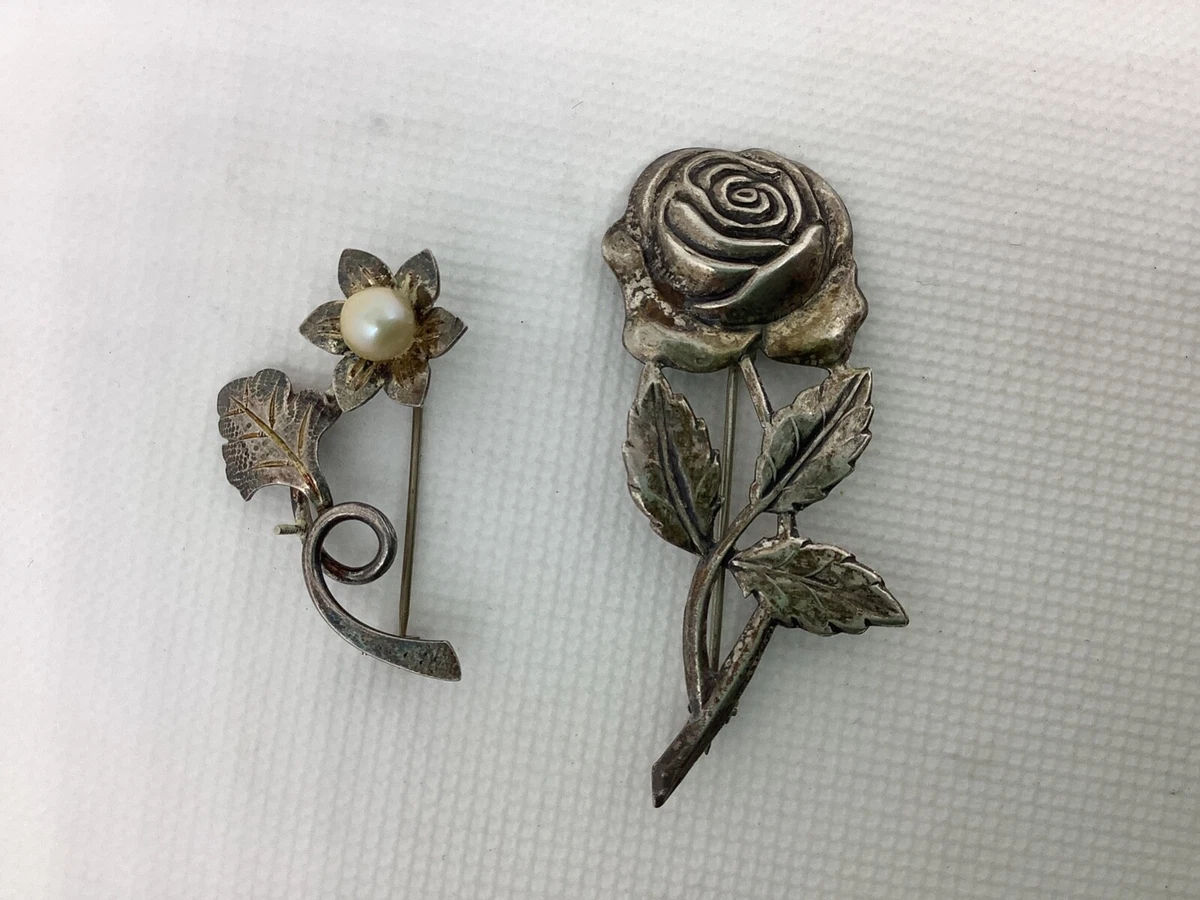 2 Vintage STERLING SILVER Flower Floral Leaves Pearl Estate PINS