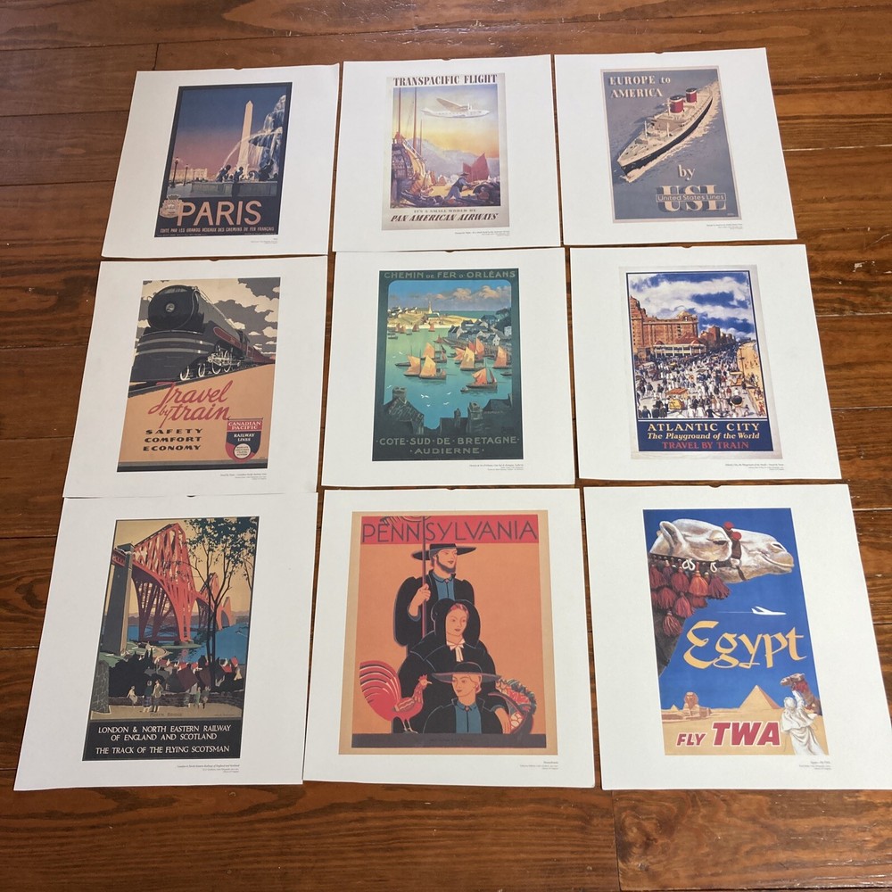 Lot of 9 Art Deco Travel Poster Reprints 1930s-1940s Airlines Ocean Liners More
