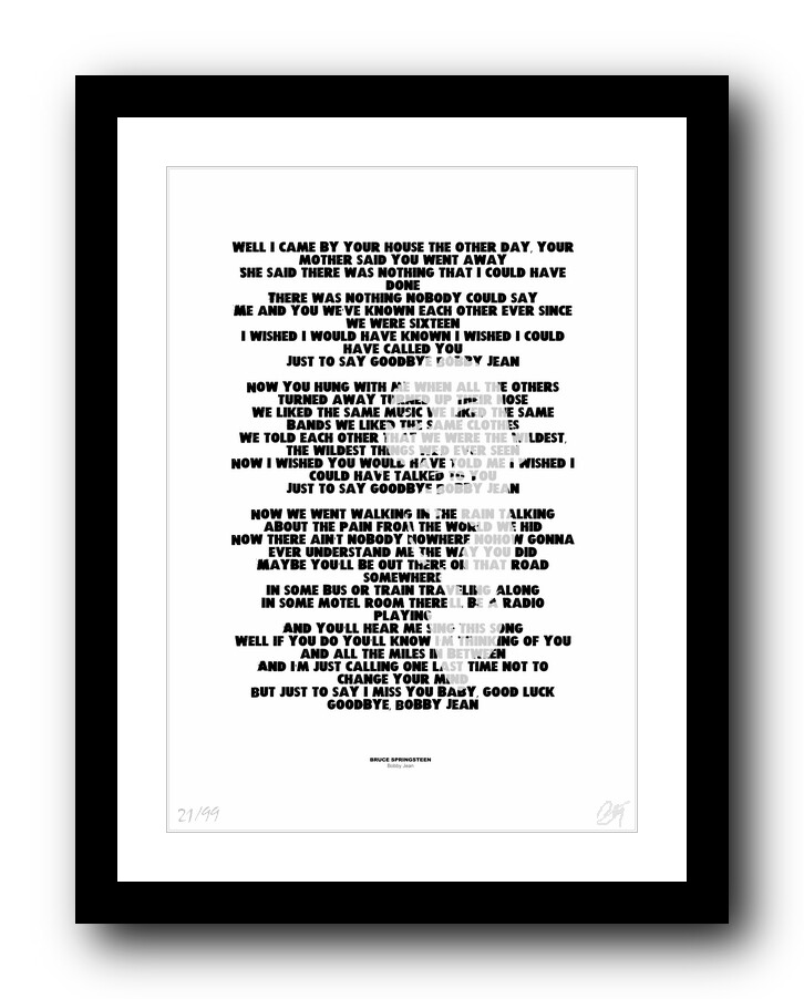 BRUCE SPRINGSTEEN Bobby Jean song lyrics poster art limited edition