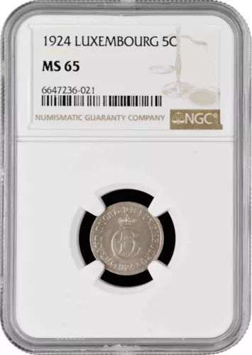 Luxembourg 5 centimes 1924, NGC MS65, "Grand Duchess Charlotte (1918 - 1964)"