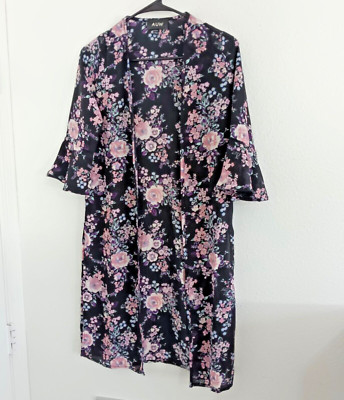 AUW Women's Black & Pink Floral Open Face 3/4 Sleeve Cardigan Size Large