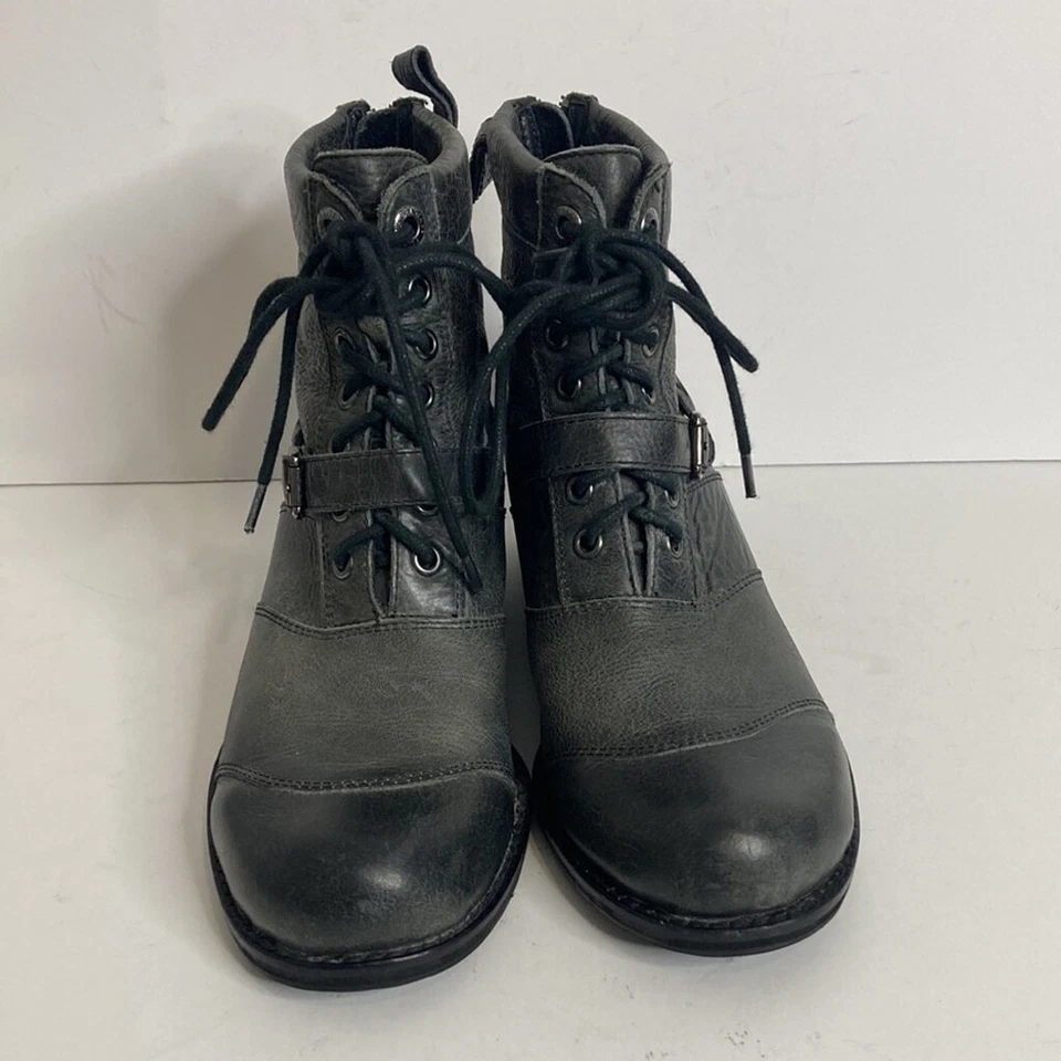Belstaff Boots Womens 37 6 Gray Leather Lace Up Combat Moto Biker Buckle Foto 2 de 4