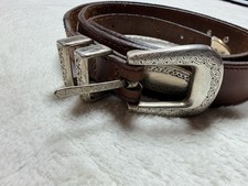 Vintage Brown Latigo Leather Concho Belt Silver Engraved Hardware Western Sz 42