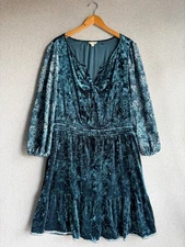 Frye and Co Dress 1X Women Plus Teal Velvet Tiered Boho Peasant Hoilday