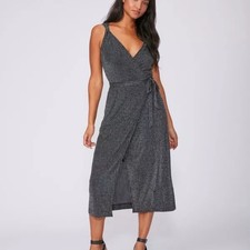 PAIGE Marina Wrap Dress Black Silver Lurex Pinstripe Midi Size Medium NWT
