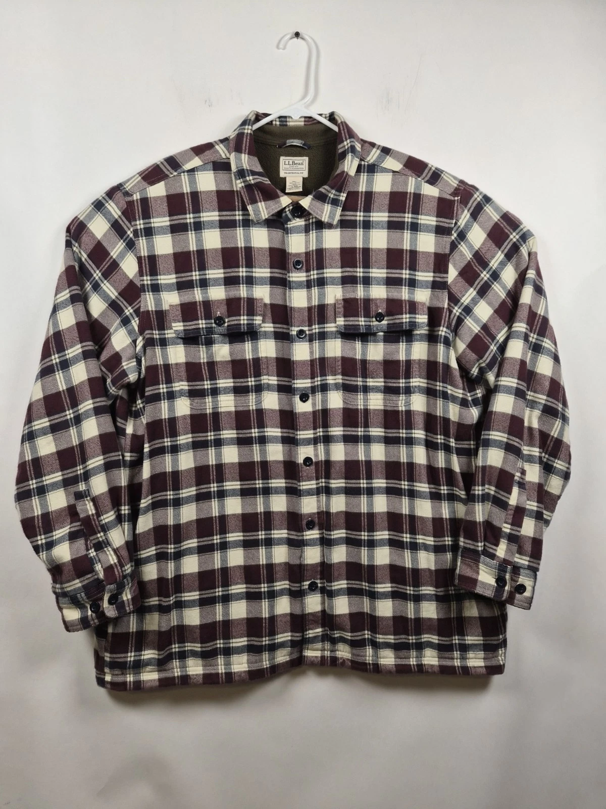 L.L Bean Men's XL Flannel Shirt Jacket Fleece Lined Traditional Fit Plaid Maroon