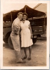Vintage WWII Era Photo Couple G.I. Soldier  Woman Smiling by Military Truck