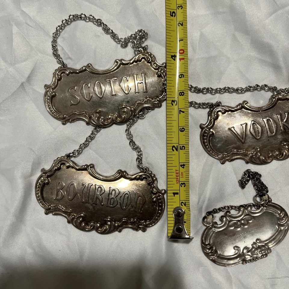 Etiquetas decantador de licor antigas vintage etiquetas de prata esterlina conhaque gin vodca - Imagem 3 de 4