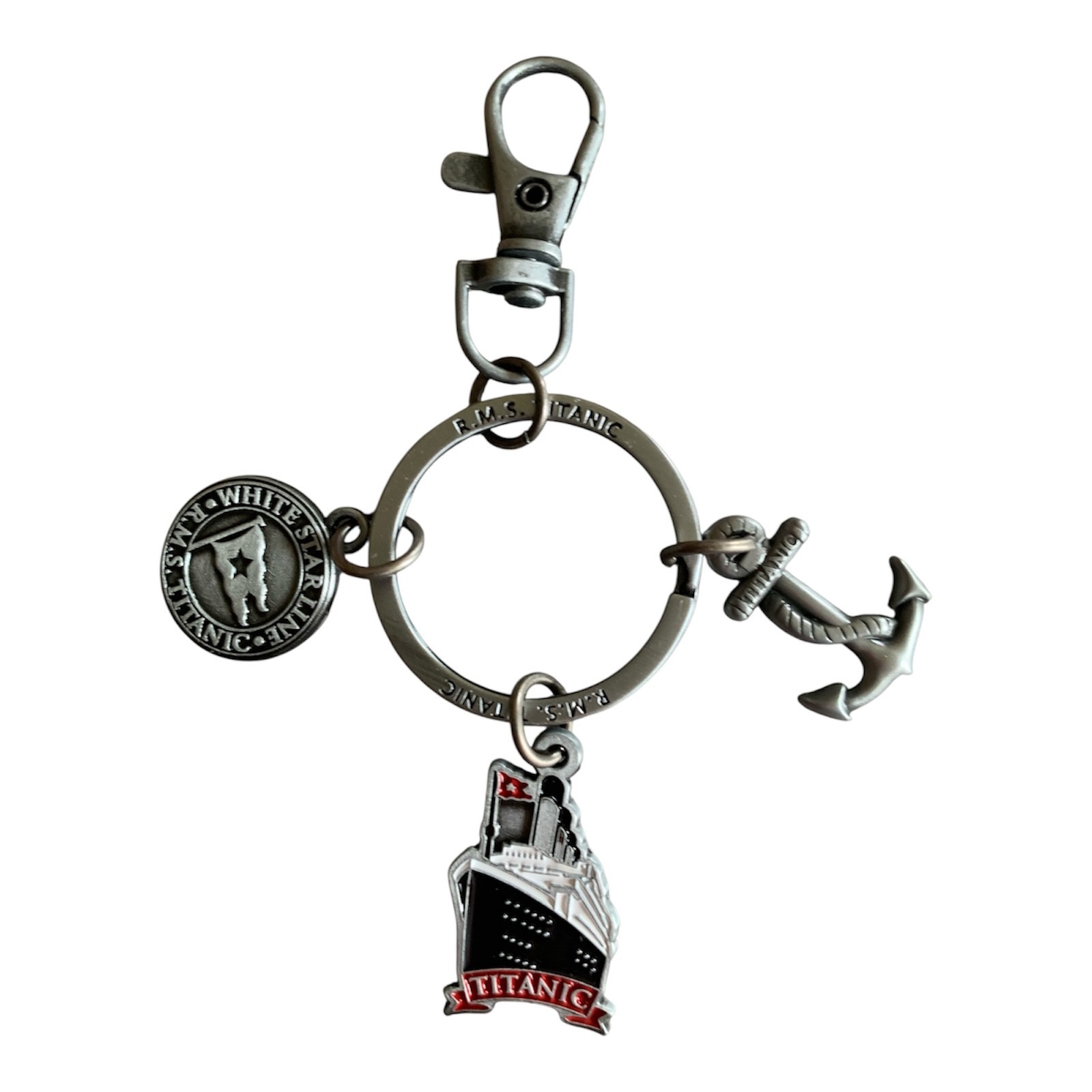 Titanic 1912 Charm Keyring RMS Ship Metal Round Ring Anchor White Star Line