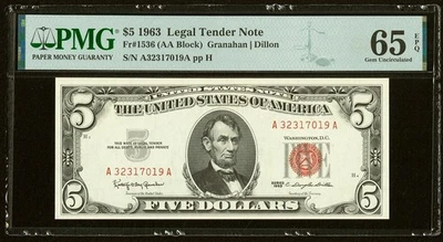 1963 $5 Legal Tender Note - Fr. 1536 - PMG 65 EPQ RED SEAL - STUNNING QUALITY! - Image 1 of 2