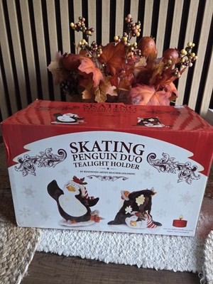 Blue Sky Clayworks Heather Goldminc Weihnachten Schlittschuh Pinguin Duo Teelichthalter