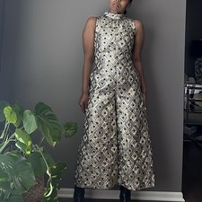 Vintage Malbe Jumpsuit Women  s Size 9/10 Gold Metallic Brocade Wide Leg 60s