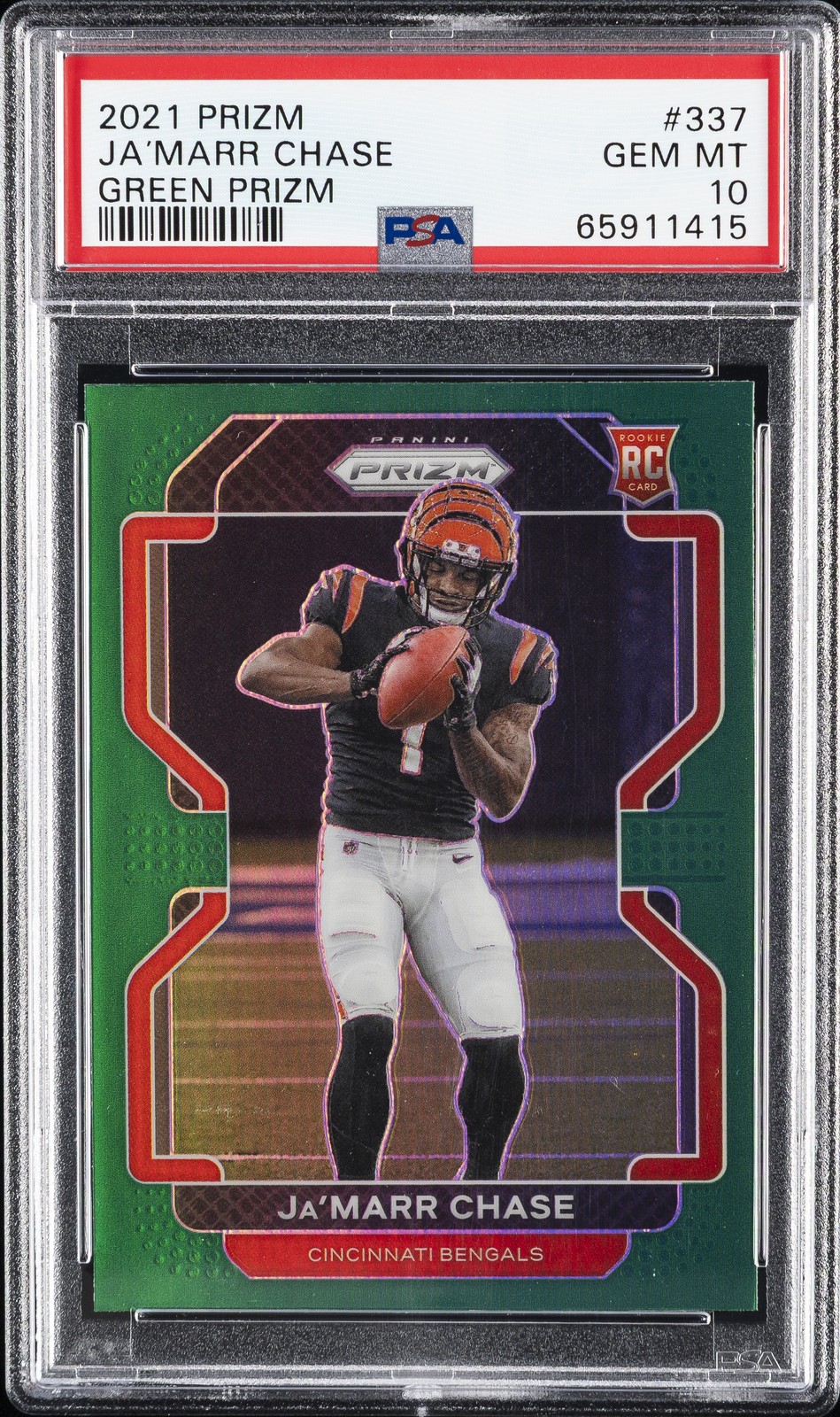 2021 PANINI PRIZM GREEN PRIZM #337 JA’MARR CHASE PSA 10