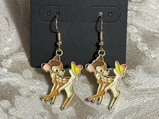 Bambi Cartoon Deer Enamel Gold Drop Dangle Adorable Fashion Fun Earring Set