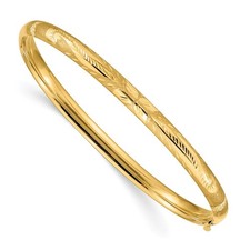 Real 14K Yellow Gold 3/16 Florentine Engraved Hinged Bangle Bracelet