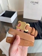 Celine Suede Belt Gold Triomphe Logo Brown Calfskin Leather Women's Belt 25mm