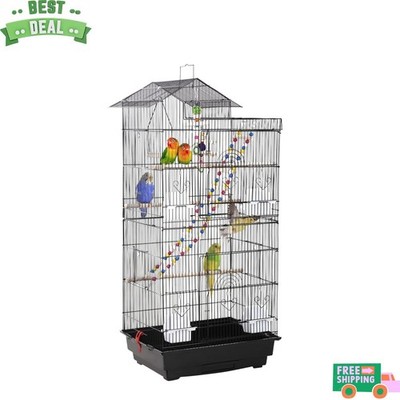 NEW 39in Bird Cage with Play Top Rolling Stand Pull Out Tray Black
