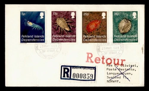 DR WHO 1984 FALKLAND ISLANDS SOUTH GEORGIA FDC INSECT COMBO TO NORWAY M81044