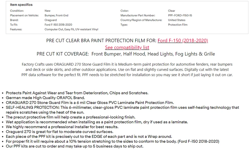 Protector de piedra película de protección de pintura sujetador transparente PPF para capó de parachoques Ford F-150 18-20 Foto 3 de 4