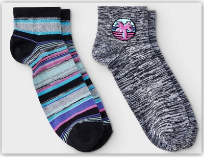 Ankle Socks 2pk - Original Use 6-12 Men's 1 Striped 1 Neon Palm Tree Print