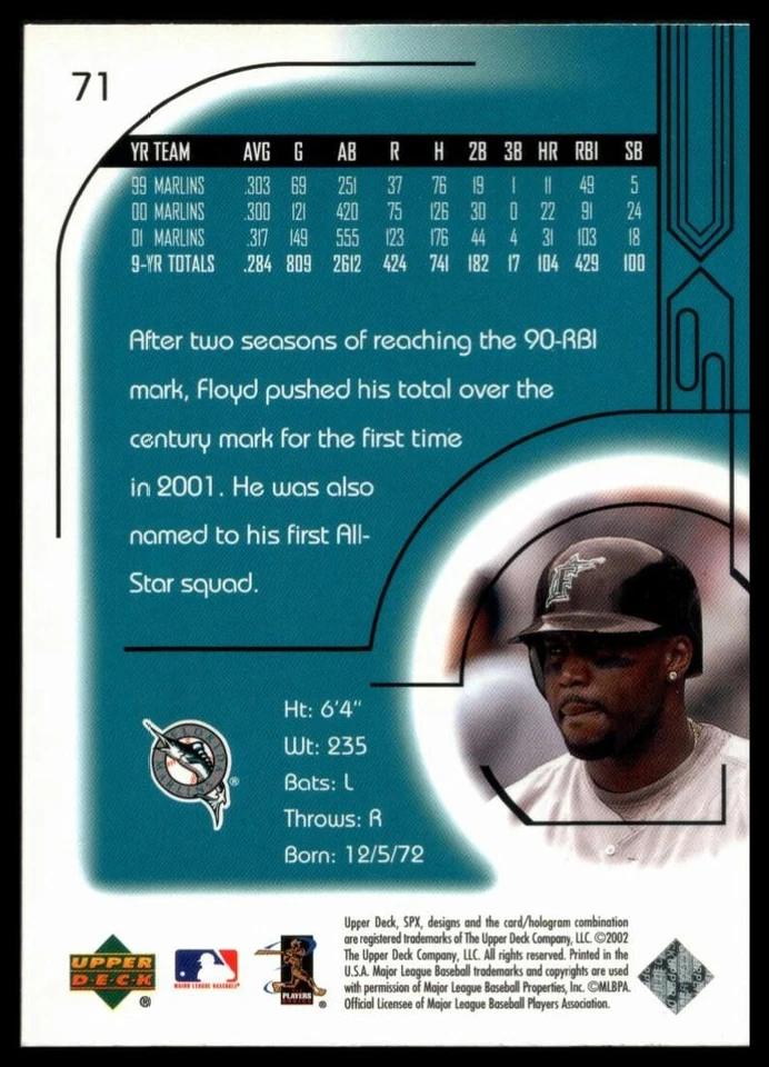 2002 SPX #71 CLIFF FLOYD FLORIDA MARLINS - Image 2 of 2