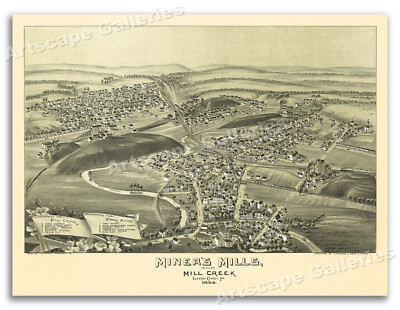 Miner's Mills and Mill Creek PA 1892 Historic Panoramic Town Map - 20x28