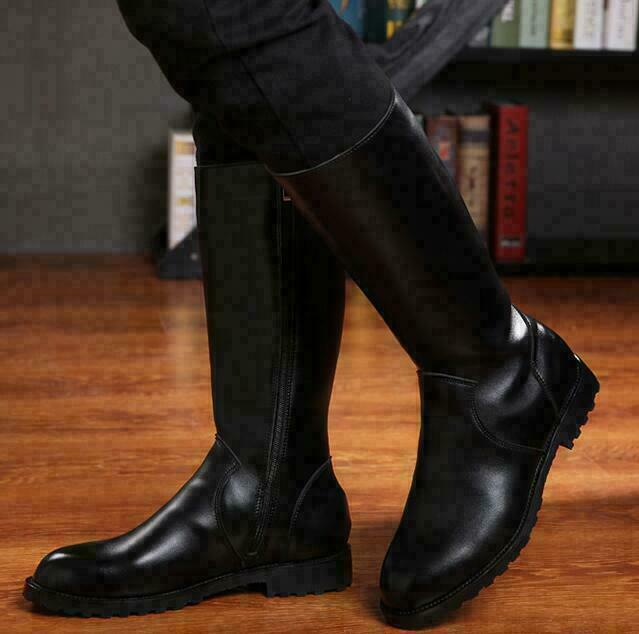 Men Mid Calf Combat Boots Zipper Military Riding Leather Shoes Winter-image
