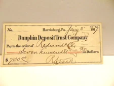 1917 cancelled check drawn on the Dauphin Deposit Trust Co, Harrisburg, PA