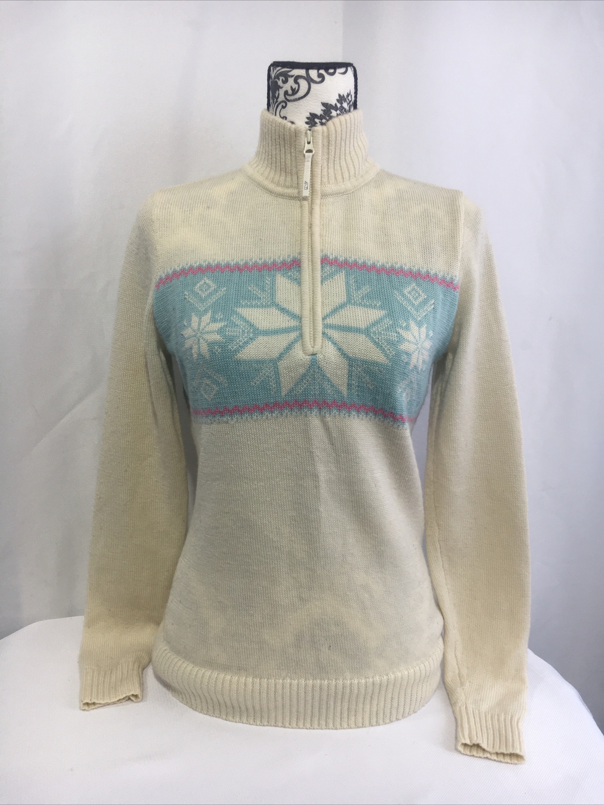 Vineyard Vines Sweater Women's Sz M Beige  Knit 100% Wool Pullover 1/4 Zip .
