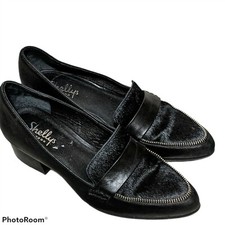 Women 38/8 Shelly's London Litchfield Block Healed Loafer Slip-on Black Exposed
