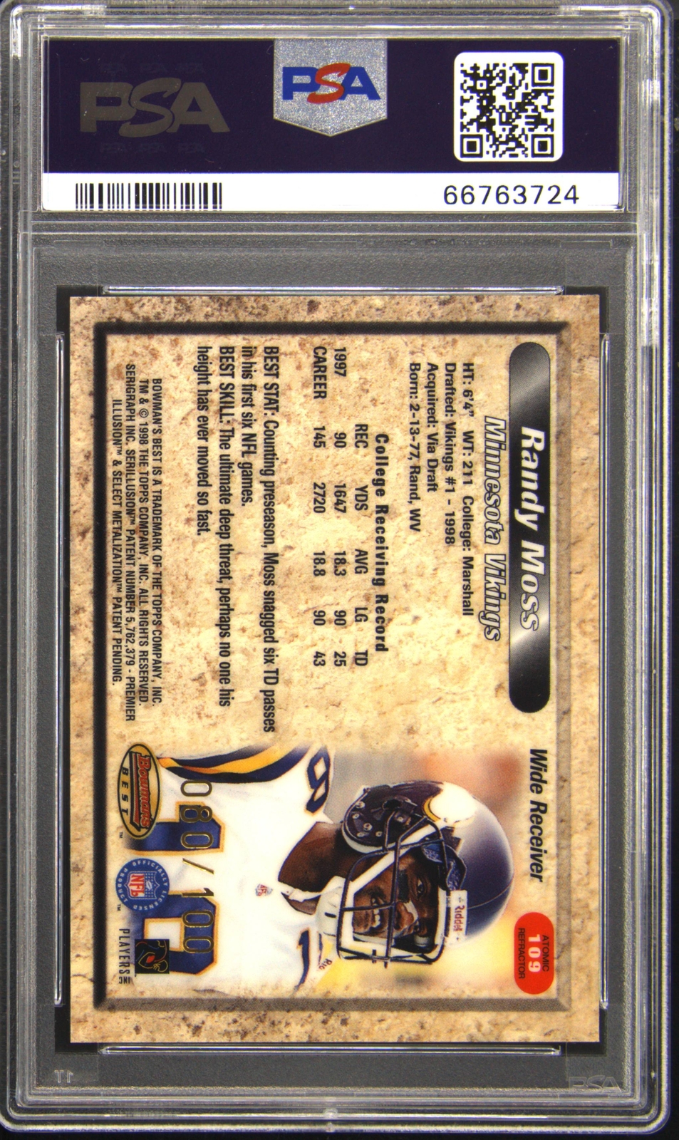 1998 BOWMAN S BEST RANDY MOSS 109 ATOMIC REFRACTOR 100 ROOKIE RC PSA 1998-bowman-s-best-randy-moss-109-atomic-refractor-100-rookie-rc-psa