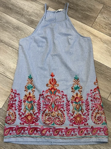 Entro Sz Large Chambray Embroidered Shift Dress Women’s Denim Blue Pink Floral