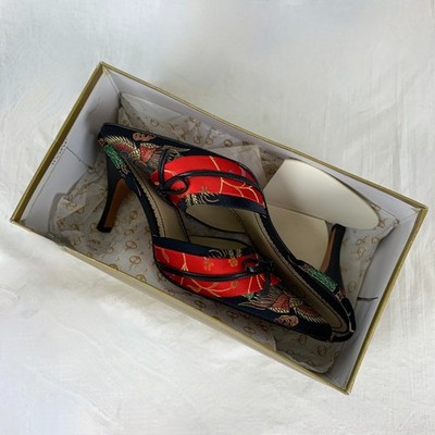 New in Box Joey O Tibet Heels sz 8 Black Red Chinoiserie Asian Style Leather