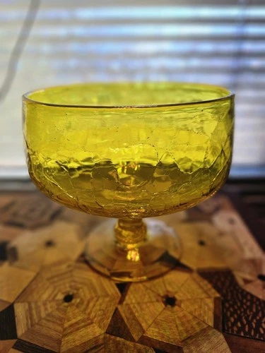 Vintage Blenko Glass Compote 629s In Crackle Jonquil