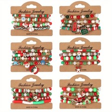 24Pcs/6Set Christmas Bracelets Santa Claus Elk Snowman Beaded Stackable Bracelet